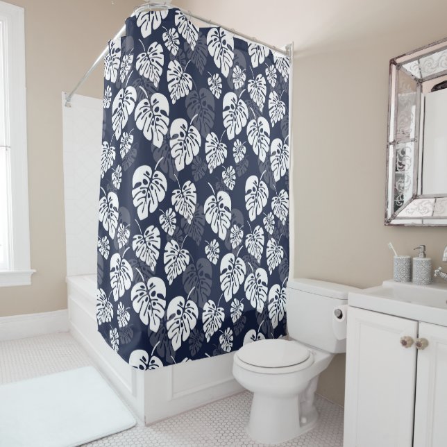 Navy Blue and White Tropical Foliage | Floral Shower Curtain (In Situ)