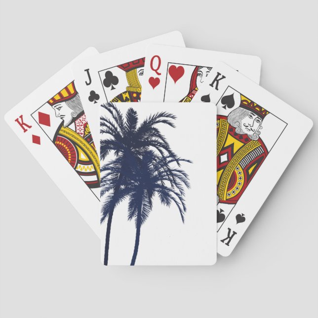 Navy Blue and White Tropical Palm Tree Playing Cards (Back)