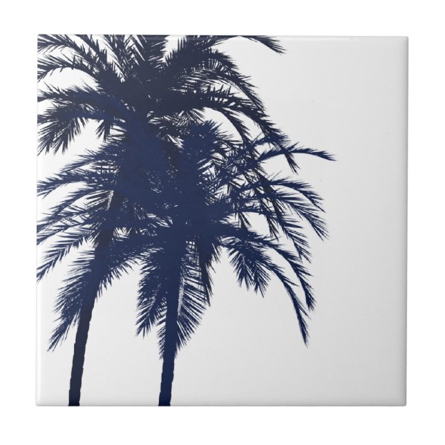 Navy Blue and White Tropical Palm Tree Tile (Front)
