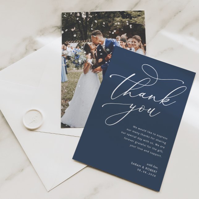 navy blue and white typography wedding  thank you card (Creator Uploaded)
