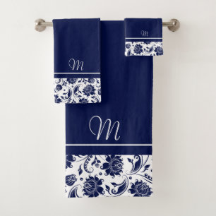 Navy-blue and white vintage damasks monogram bath  towel set