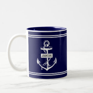 Navy blue and white vintage nautical anchor Two-Tone coffee mug