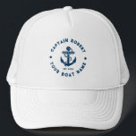 Navy Blue And White Vintage Nautical Boat Anchor Trucker Hat<br><div class="desc">Elegant navy blue vintage nautical boat anchor with custom blue text on a white background.</div>
