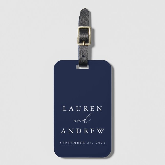 Navy Blue and White Wedding Personalised Luggage Tag (Front Vertical)