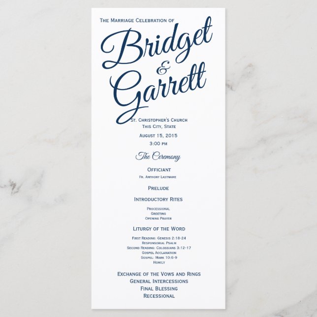 Navy Blue and White Wedding Program Programme (Front)