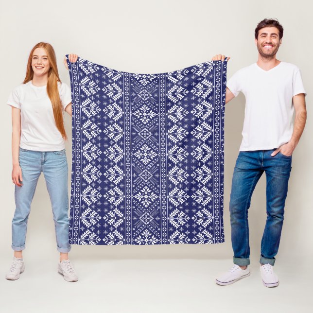 Navy Blue and White Winter Fair Isle Christmas Fleece Blanket (In Situ)