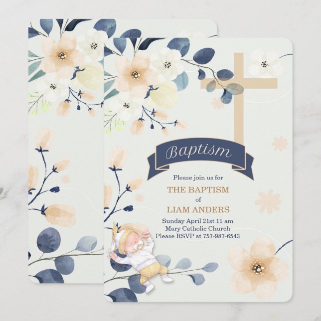 Navy Blue and Yellow Blossoms Christian Baptism Invitation (Front/Back)