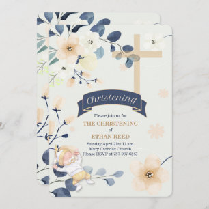 Navy Blue and Yellow Blossoms Cross Christening Invitation