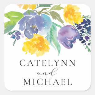 Navy Blue and Yellow Bright Floral Wedding Sticker