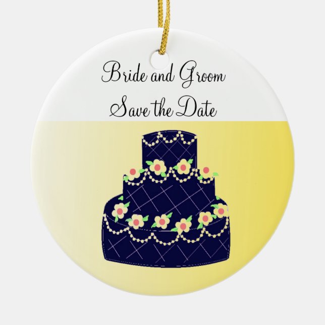 Navy Blue and Yellow Cake Save the Date Ceramic Tree Decoration (Front)