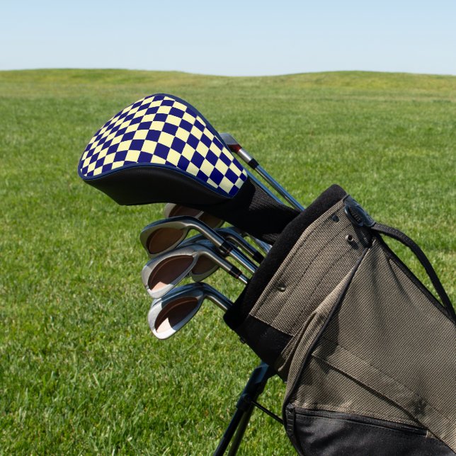 Navy Blue and Yellow Chequerboard Pattern Golf Head Cover (In Situ)