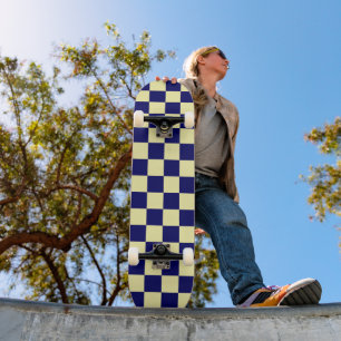 Navy Blue and Yellow Chequerboard Pattern Skateboard