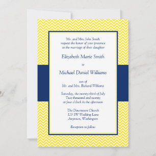 Navy Blue and Yellow Chevron Wedding Invitations