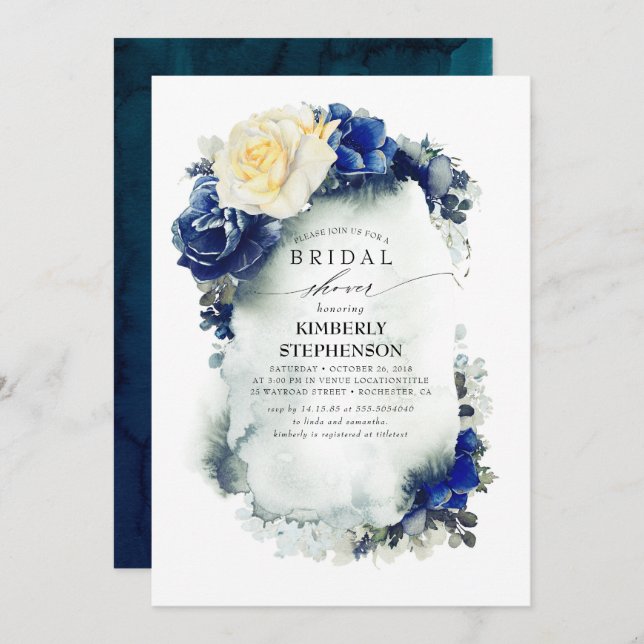 Navy Blue and Yellow Floral Bohemian Bridal Shower Invitation (Front/Back)