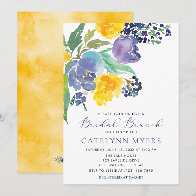 Navy Blue and Yellow Floral Modern Bridal Brunch Invitation (Front/Back)