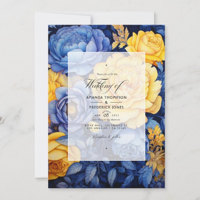 Navy Blue and Yellow Floral Wedding Invitation (Front)