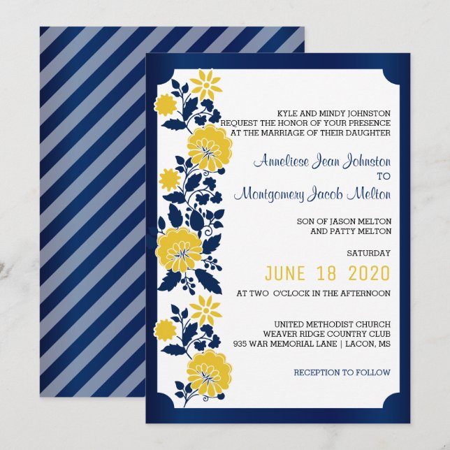 Navy Blue and Yellow Floral Wedding Invitation (Front/Back)