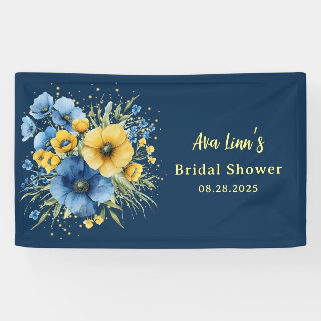 Navy Blue and Yellow Florals Gold Bridal Shower Banner (Horizontal)