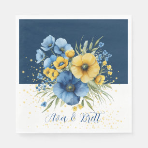 Navy Blue and Yellow Florals Gold Glitter Wedding Napkin