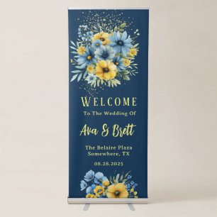Navy Blue and Yellow Florals Gold Wedding Retractable Banner