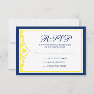 Navy Blue and Yellow Flourish RSVP Card