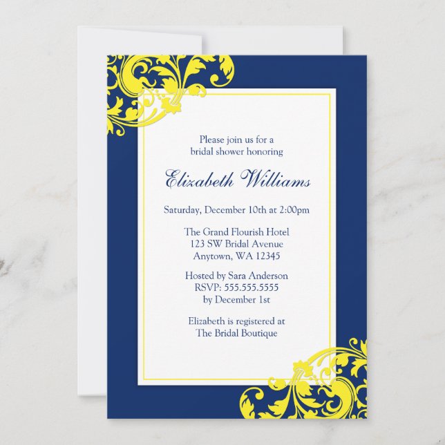 Navy Blue and Yellow Flourish Swirls Bridal Shower Invitation (Front)