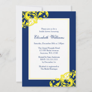 Navy Blue and Yellow Flourish Swirls Bridal Shower Invitation