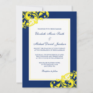 Navy Blue and Yellow Flourish Swirls Wedding Invitation