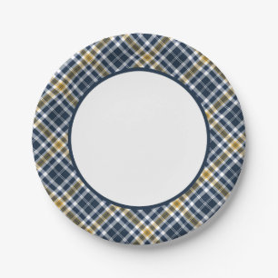 Navy Blue and Yellow Gold Sporty Plaid Border Paper Plate