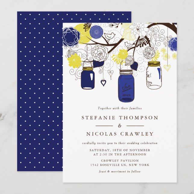 Navy Blue and Yellow Hanging Mason Jars Wedding Invitation (Front/Back)