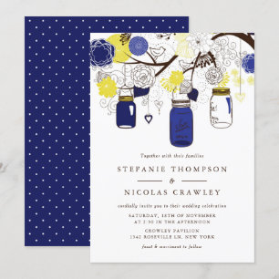 Navy Blue and Yellow Mason Jars Wedding Invitation
