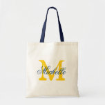 Navy blue and yellow monogram wedding tote bag<br><div class="desc">Navy blue and yellow wedding tote bag with personalised monogram. Vintage chic style design. Customise for bridesmaids,  flower girls,  maid of honour,  mother of the bride,  guests etc. Elegant script text for name. Gold yellow name initial.</div>