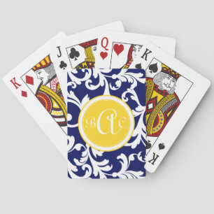 Navy Blue and Yellow Monogrammed Damask Print Playing Cards