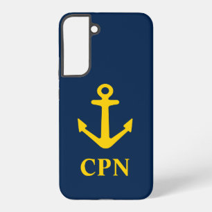 Navy blue and yellow nautical anchor monogrammed samsung galaxy case