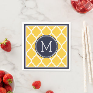Navy Blue and Yellow Quatrefoil Wedding Monogram Napkin