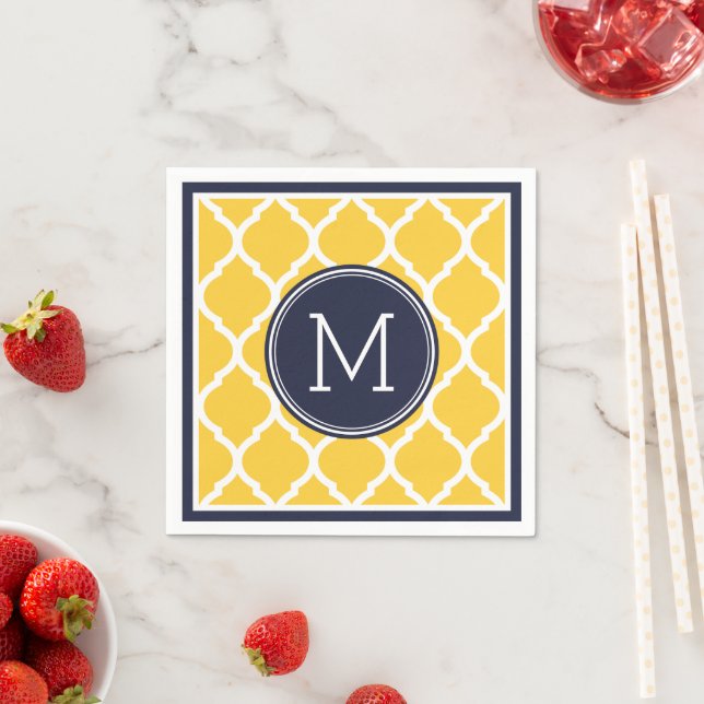 Navy Blue and Yellow Quatrefoil Wedding Monogram Napkin (Insitu)