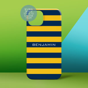 Navy Blue and Yellow Rugby Stripes Custom Name iPhone 15 Case