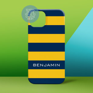 Navy Blue and Yellow Rugby Stripes Custom Name Case-Mate iPhone 14 Case