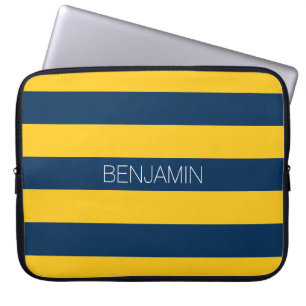 Navy Blue and Yellow Rugby Stripes Custom Name Laptop Sleeve