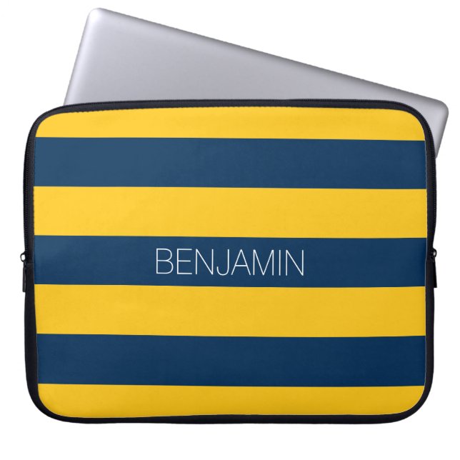 Navy Blue and Yellow Rugby Stripes Custom Name Laptop Sleeve (Front)