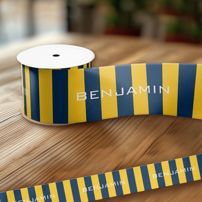 Navy Blue and Yellow Rugby Stripes Custom Name Satin Ribbon (Custom Ribbon - Add Your Own Text)