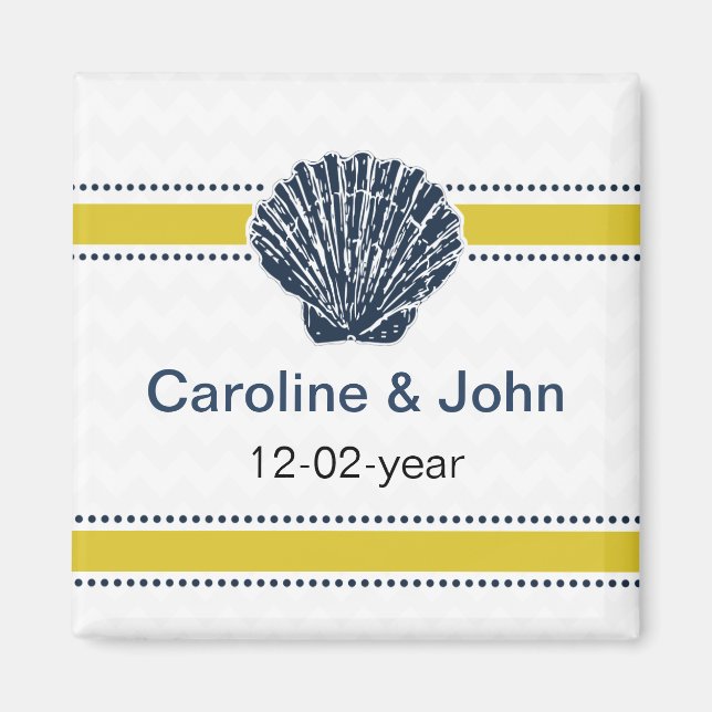 Navy Blue and Yellow Seashell Wedding Stationery Magnet (Front)