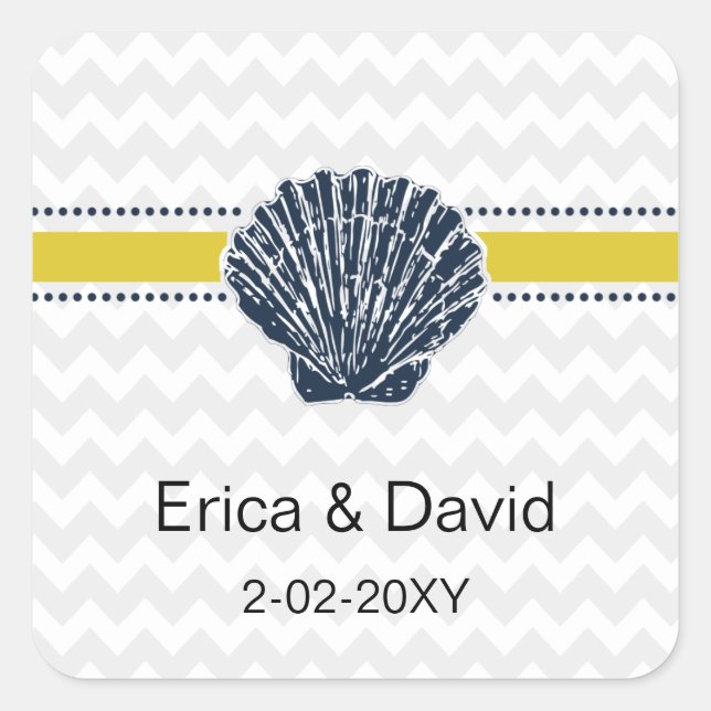 Navy Blue and Yellow Seashell Wedding Stationery Square Sticker (Front)