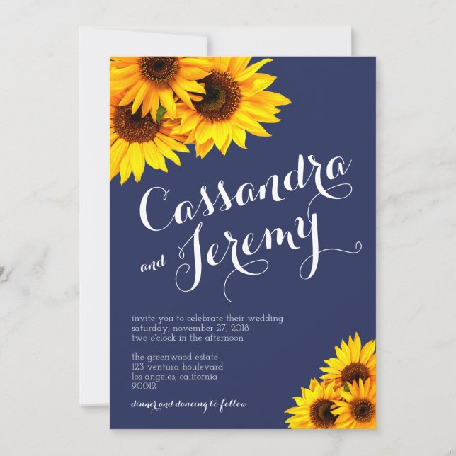 Navy Blue and Yellow Sunflowers Wedding Invitation (Front)