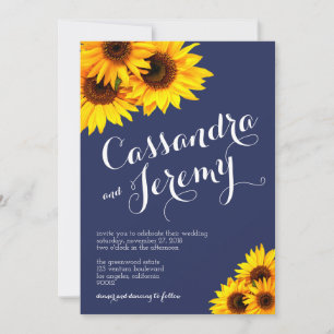 Navy Blue and Yellow Sunflowers Wedding Invitation
