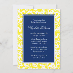 Navy Blue and Yellow Swirls Damask Bridal Shower Invitation