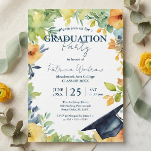 Navy Blue And Yellow Watercolor Floral Graduation  Invitation