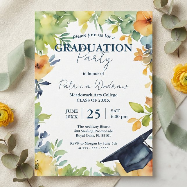 Navy Blue And Yellow Watercolor Floral Graduation  Invitation (Creator Uploaded)