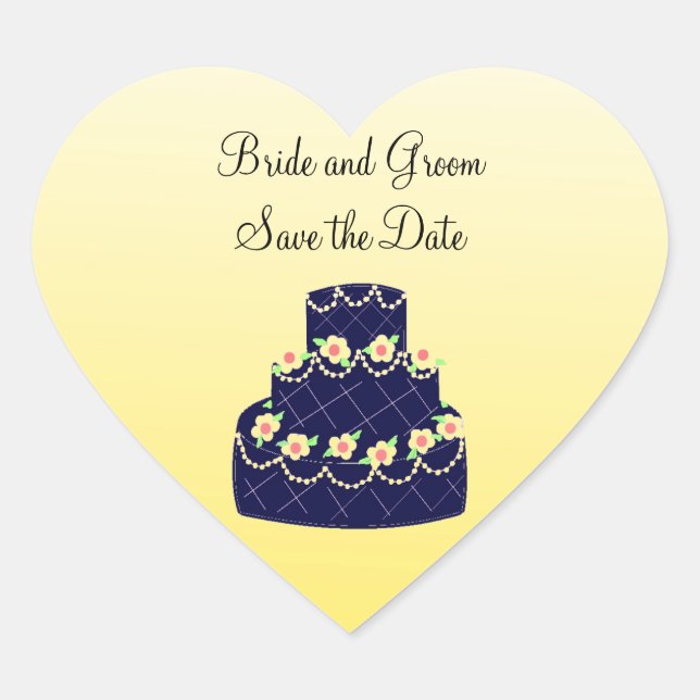Navy Blue and Yellow Wedding Cake Heart Sticker (Front)