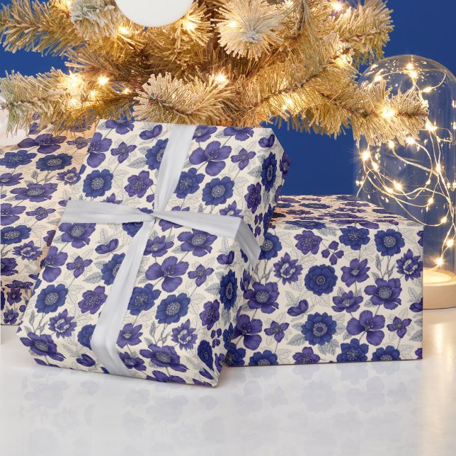 Navy Blue Anemone Seamless Floral  Wrapping Paper (Holidays)